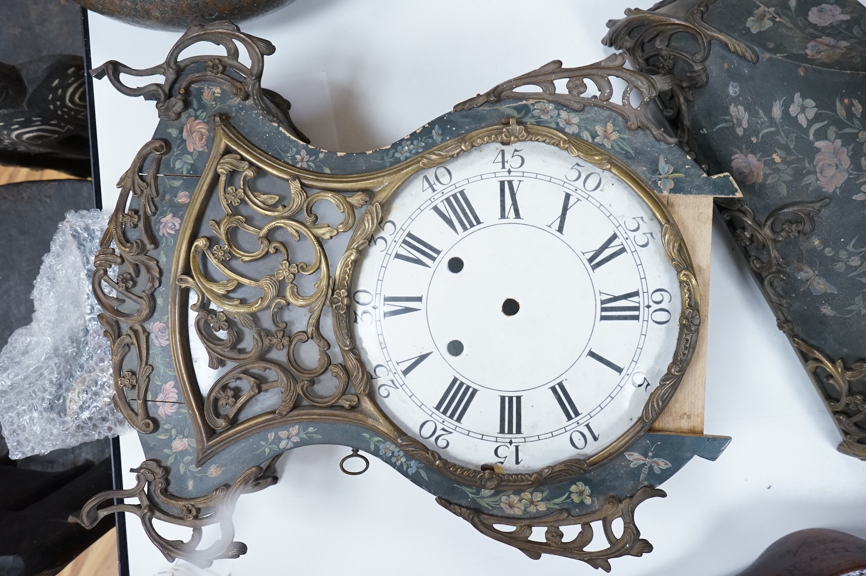 A Louis XV style gilt metal mounted Vernis Martin bracket clock case and bracket, lacking movement, 77cm high